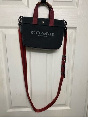Genuine Coach Black Canvas Mini Tote with Removable Burgundy/Red Strap
